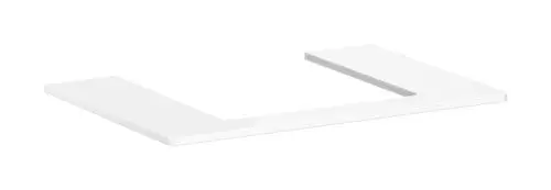 Weiße, rechteckige Konsole mit mittigem Ausschnitt, geeignet für einen Aufsatzwaschtisch. Modell von Hansgrohe, geschliffen, Hochglanz.